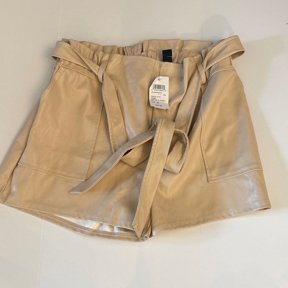 Windsor Cream Faux Leather Paperbag Waist Shorts with Tie